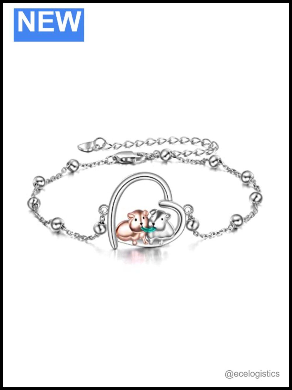Sterling Silver Guinea Pig Charm Link Bracelet 7+2 Inch Animal Jewelry Gift